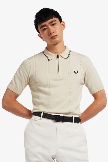 Koszule Fred Perry Cable Detail Zip-Neck Trykotowy Męskie Białe | PL 1486PLLO